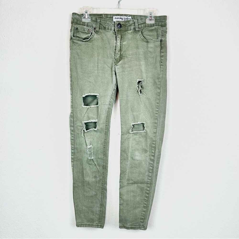Money Ride Junior Green Distressed Skinny Leg Jeans